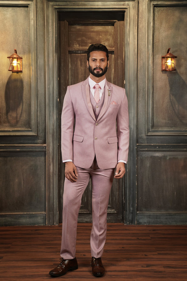 Pink Melange Suit with Dual Fabric Lapel