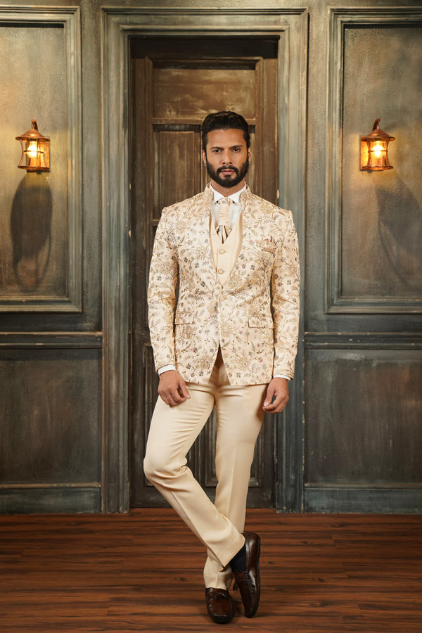 Cream High Neck Suit with Golden Floral Zari Embroidery and Scarf