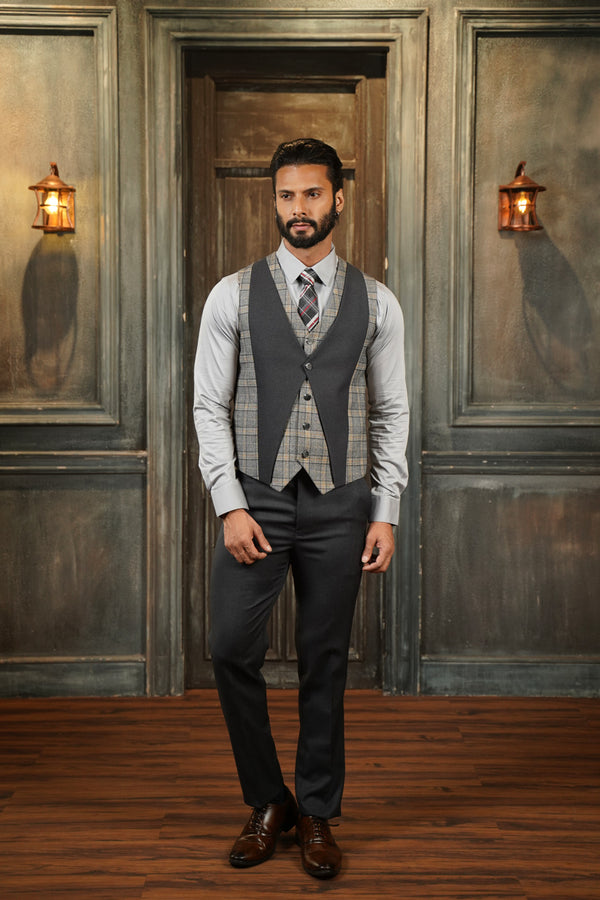 Ash Grey Tuxedo with Black Detachable Lapel and Camel Chex Waistcoat