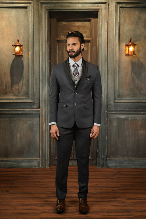 Ash Grey Tuxedo with Black Detachable Lapel and Camel Chex Waistcoat