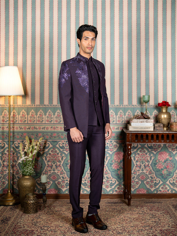 Deep Purple Hand Embroidered Open Jodhpuri Suit