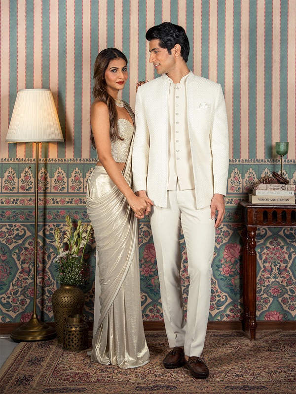 Ivory Beaded Velvet Open Jodhpuri Suit With Dupatta