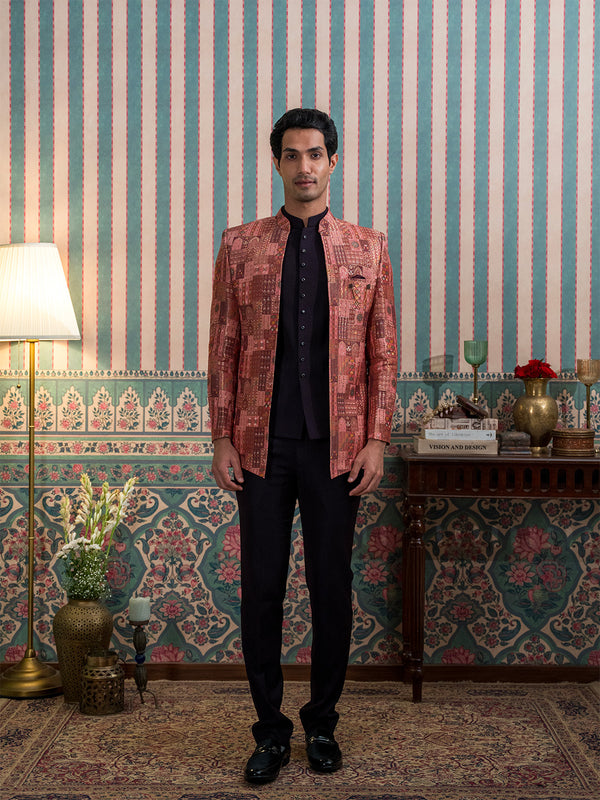 Maroon Silk Heritage Motif Open Jodhpuri Suit with Stone Work