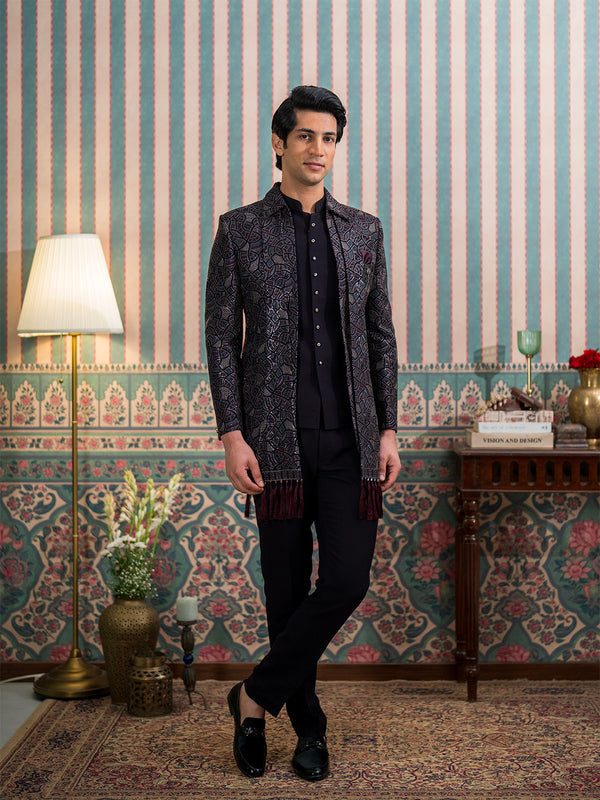 Dark Purple Open Jodhpuri Suit with Sequins and Dupatta