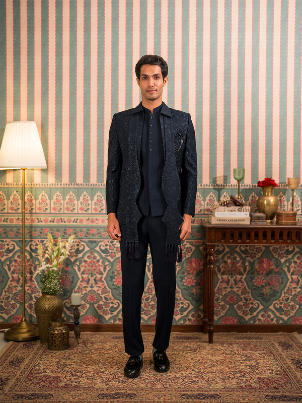 Navy Blue Jodhpuri Suit with Stone Work and Dupatta