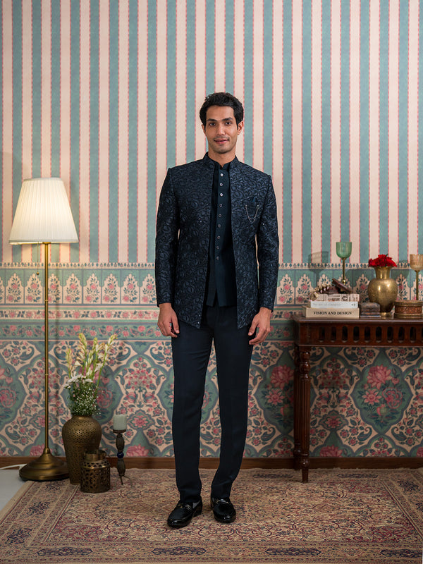 Deep Green Jodhpuri Suit with Sequins and Thread Work