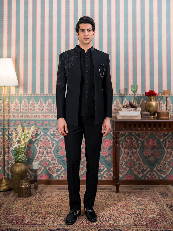 Black Jodhpuri Suit with Artisanal Cutdana Embroidery