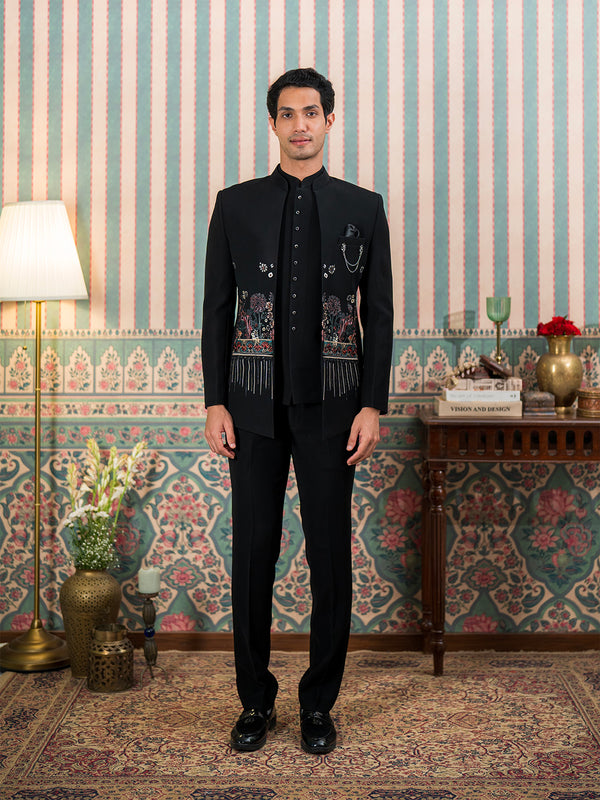 Black Jodhpuri Suit with Floral Rubber Print and Hand Embroidery
