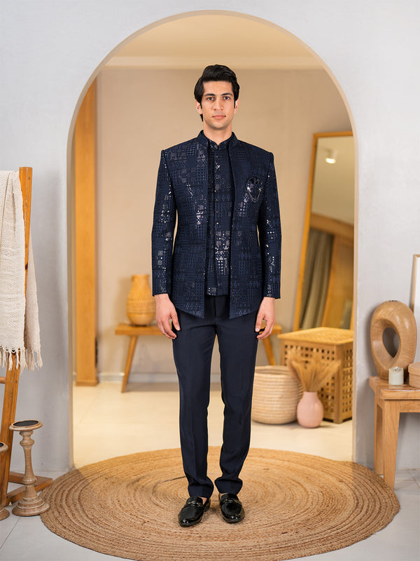 Royal Blue Jodhpuri with Sequins and Ethnic Motif Thread Work