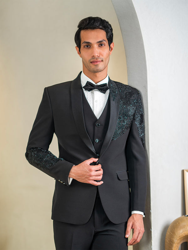 Black Tuxedo with Intricate Floral Hand Embroidery