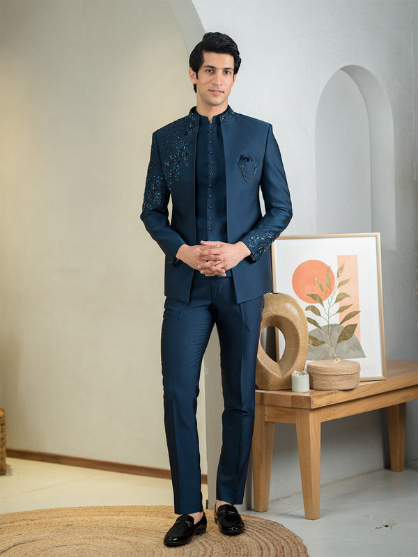Blue Jodhpuri Suit with Intricate Floral Hand Embroidery