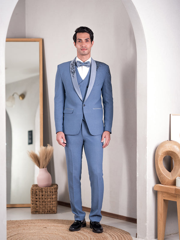Powder Blue Tuxedo with Contemprary Hand Embroidery