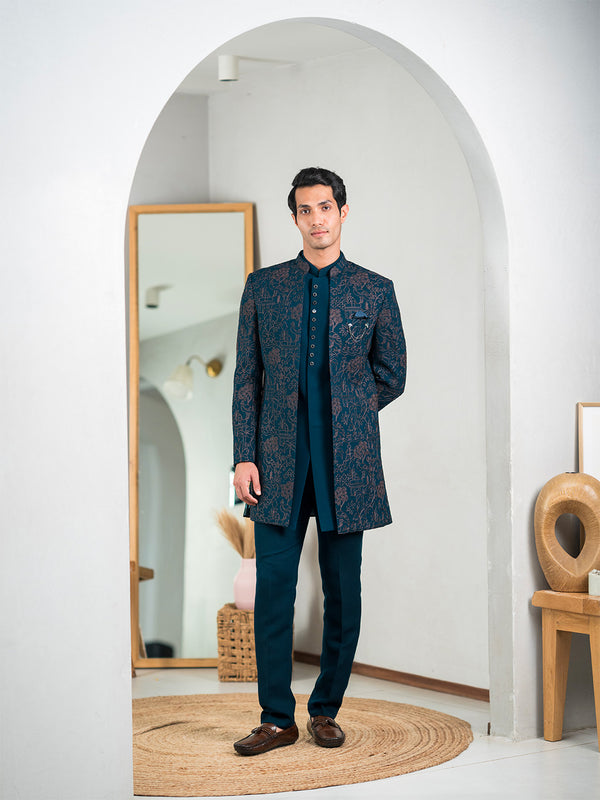 Peacock Green Indowestern with Tranquil Nature Detailing Thread and Stone Work