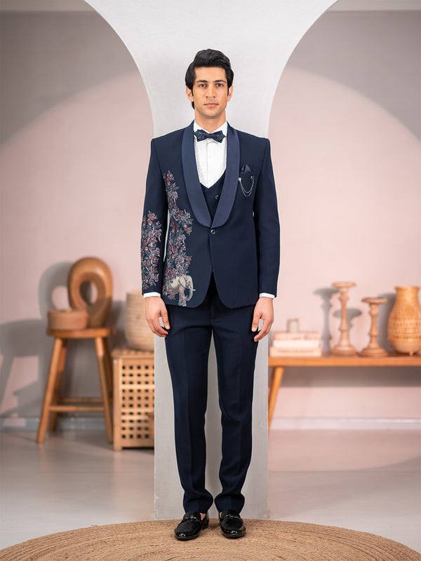 Navy Blue Tuxedo with Nature Scenic Rubber Print and Hand Embroidery