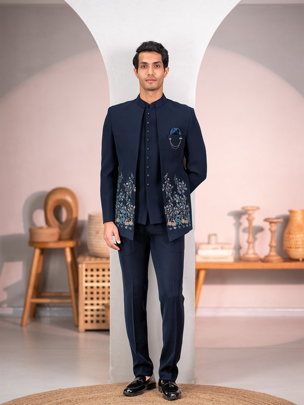 Navy Blue Jodhpuri Suit with Forest Scenic Rubber Print and Hand Embroidery