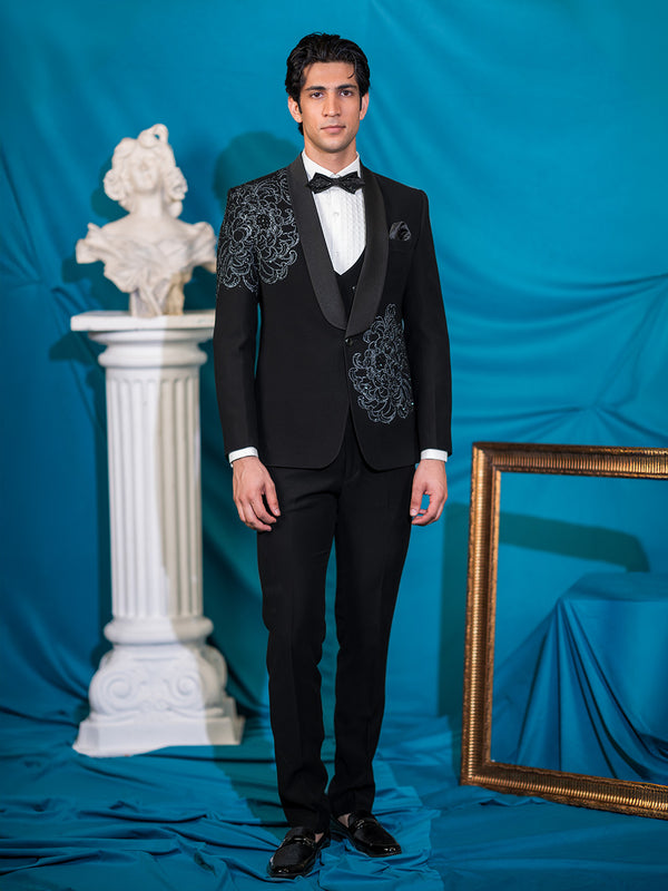 Royal Black Tuxedo with Floral Rubber Print and Hand Embroidery
