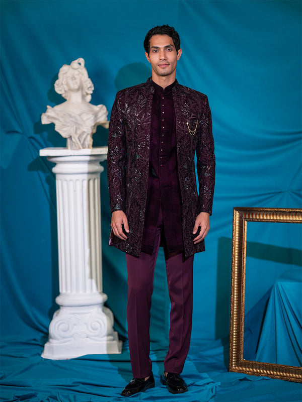 Maroon Velvet Indowestern with Sequins and Floral Thread Work