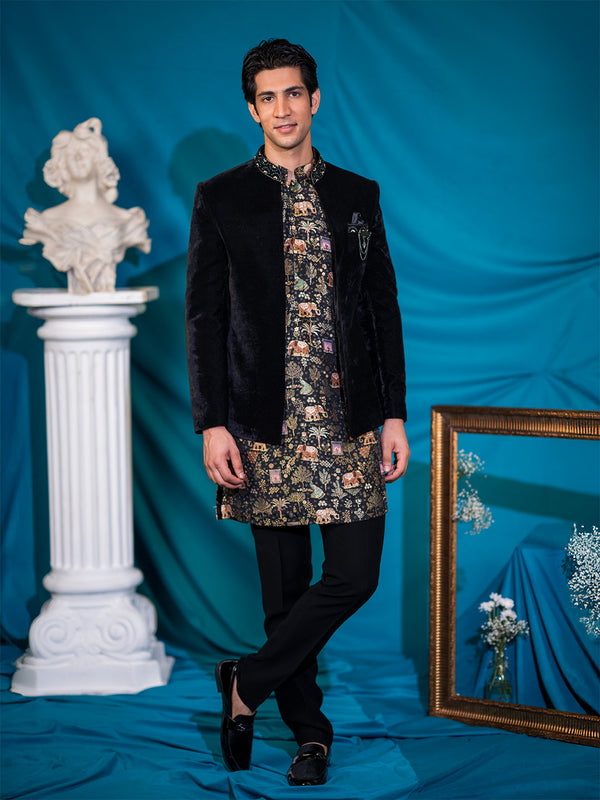 Embroidered Black Velvet Jodhpuri Suit with Silk Kurta