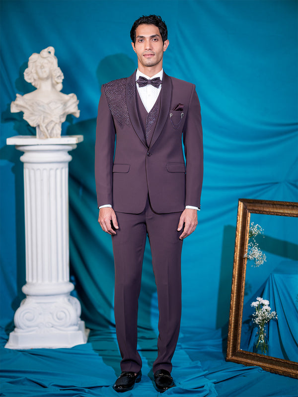 Dusty Maroon Tuxedo with Honeycomb Embroidery