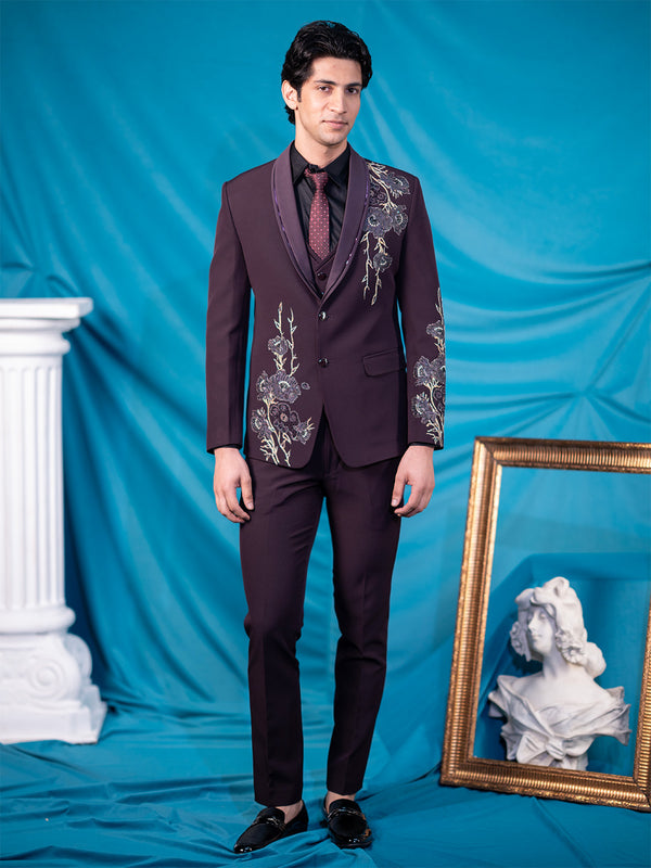 Maroon Tuxedo with Floral Rubber Print and Hand Embroidery