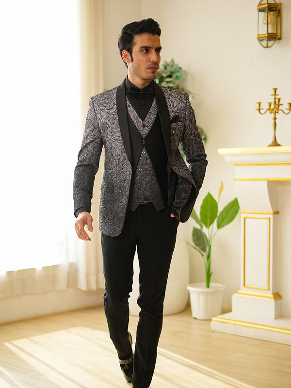 Black Ombre Rose Shaped Sequins Embroidered Suit