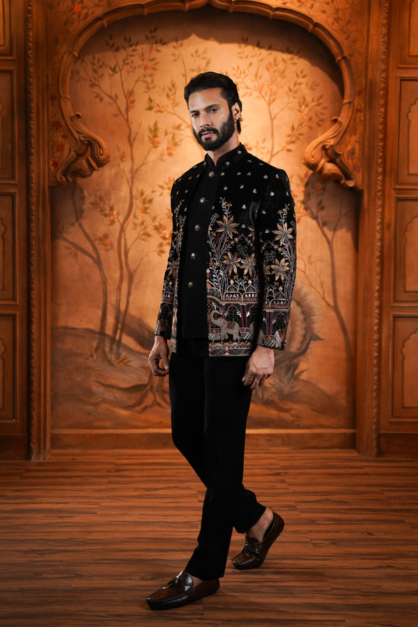 Black Velvet Open Pattern Jodhpuri Suit