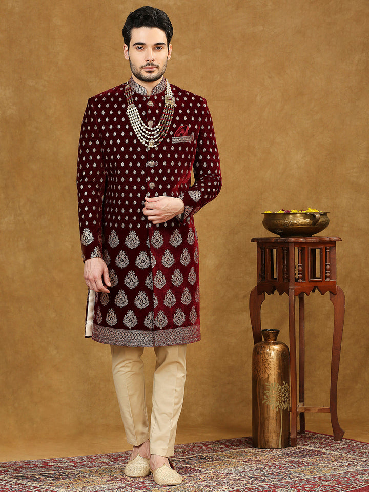 Velvet Nawabi with Ethnic Motif Design Embroidery