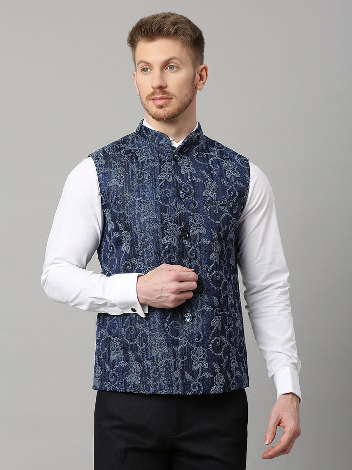 Jacquard Nehru Jacket with self design texture and Floral Dori Work