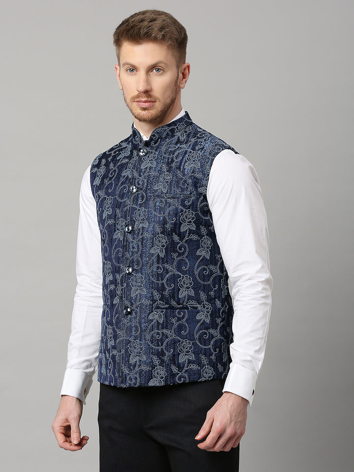 Jacquard Nehru Jacket with self design texture and Floral Dori Work