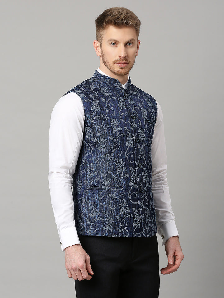 Jacquard Nehru Jacket with self design texture and Floral Dori Work