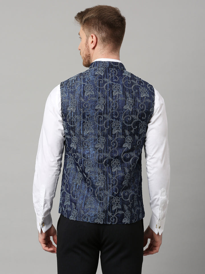 Jacquard Nehru Jacket with self design texture and Floral Dori Work