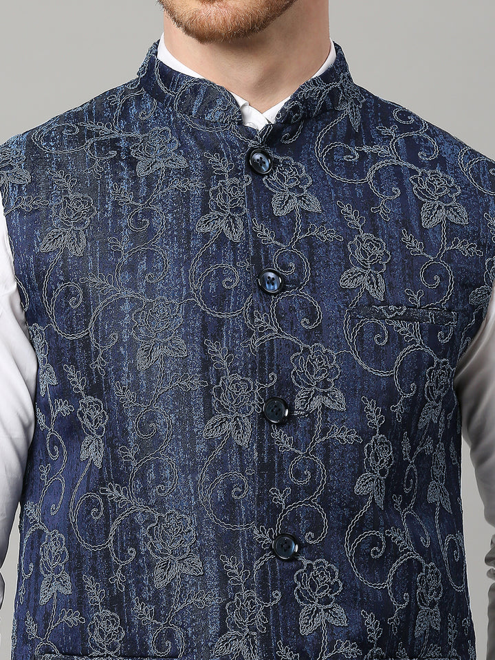 Jacquard Nehru Jacket with self design texture and Floral Dori Work