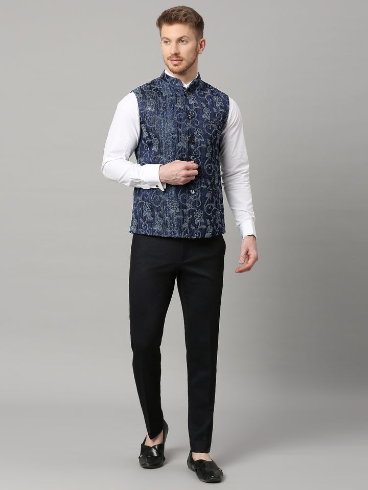 Jacquard Nehru Jacket with self design texture and Floral Dori Work