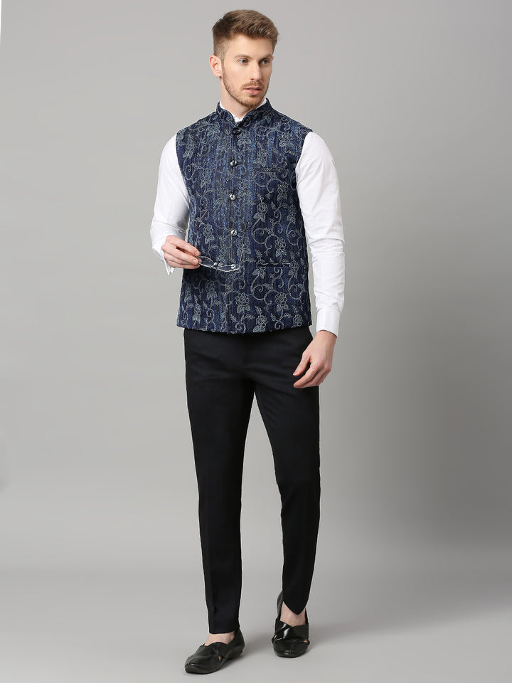 Jacquard Nehru Jacket with self design texture and Floral Dori Work