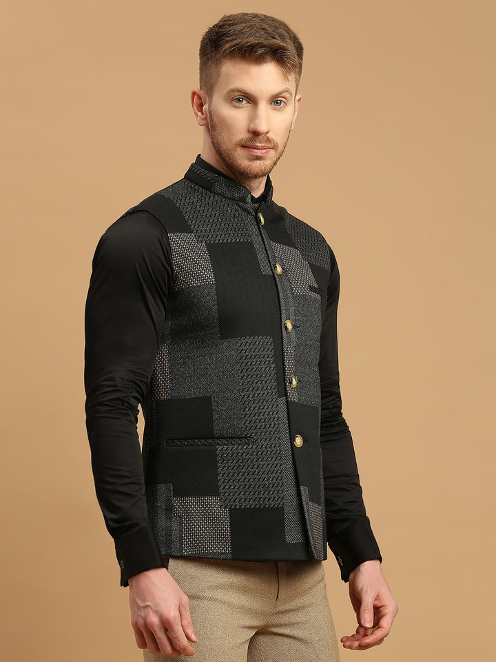 Knitted Geometric Jacquard Nehru Jacket