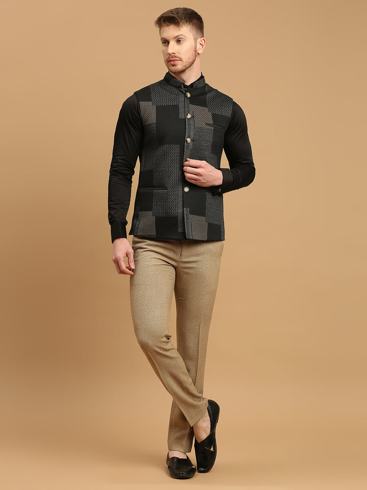 Knitted Geometric Jacquard Nehru Jacket