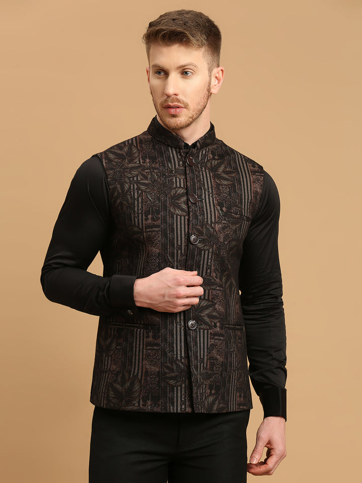 Knitted Leaf and Stripe Print Nehru Jacket