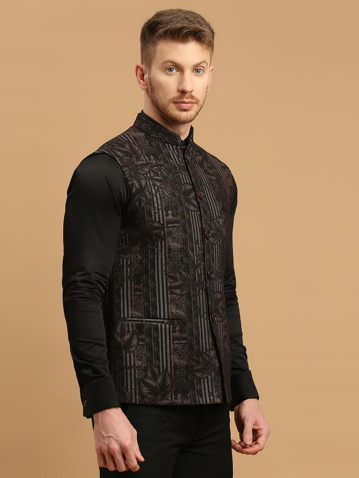 Knitted Leaf and Stripe Print Nehru Jacket