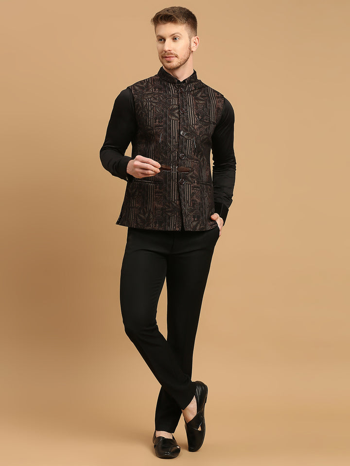 Knitted Leaf and Stripe Print Nehru Jacket