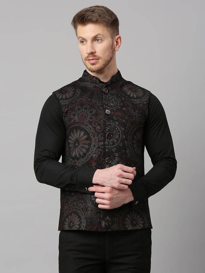 Knitted Motif Print Nehru Jacket