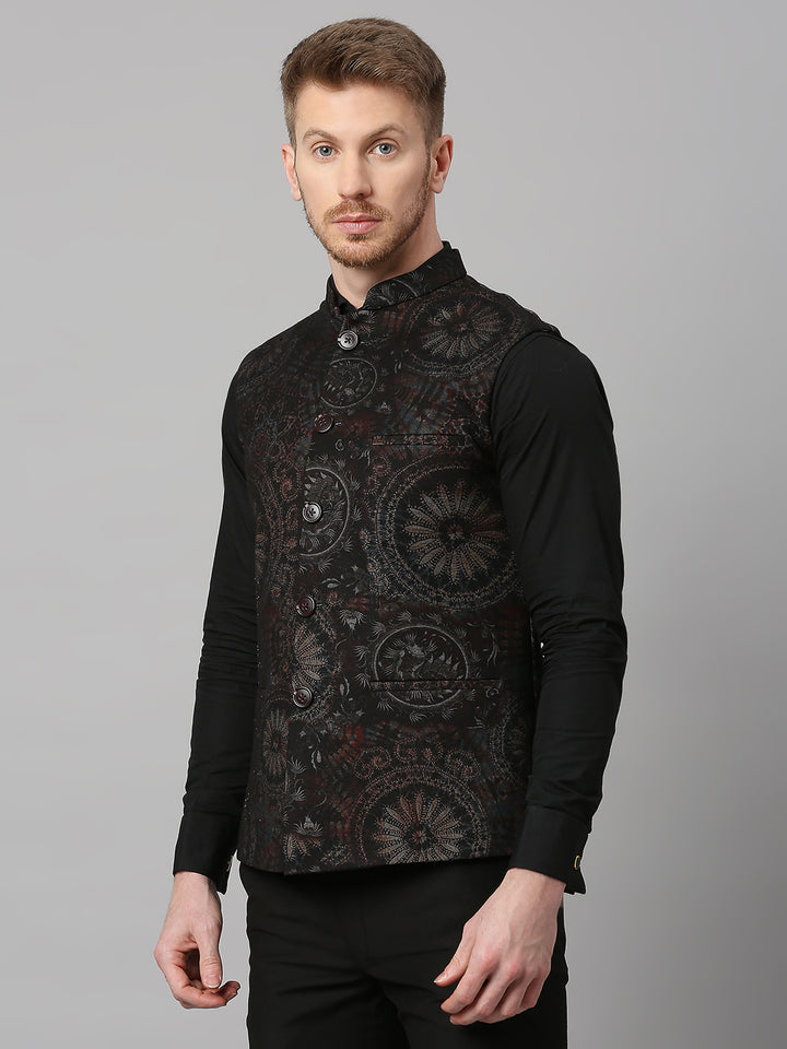 Knitted Motif Print Nehru Jacket