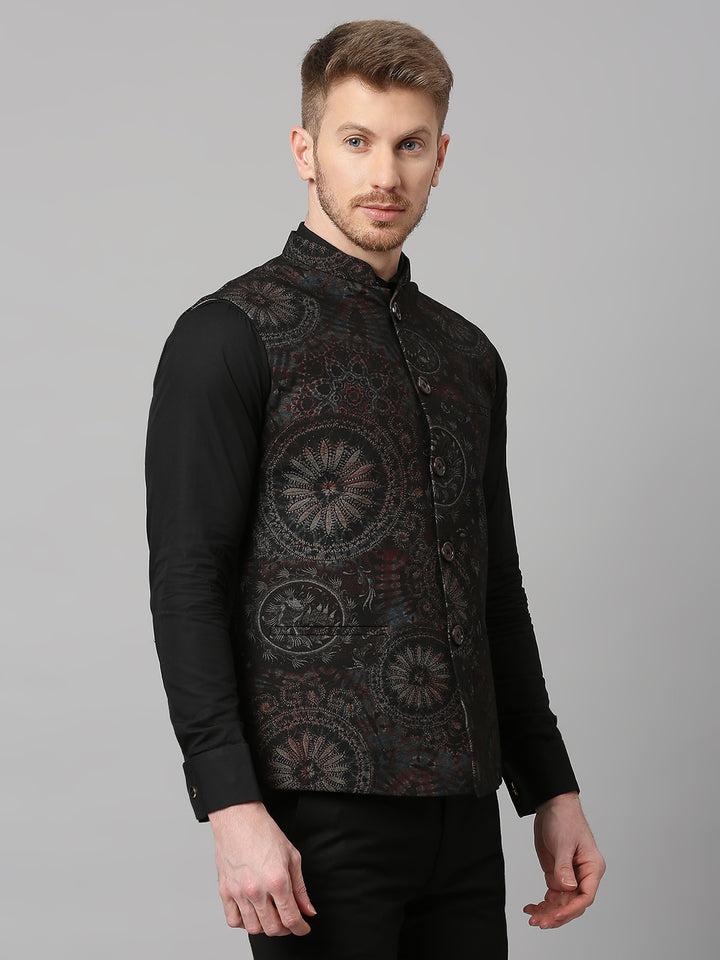 Knitted Motif Print Nehru Jacket