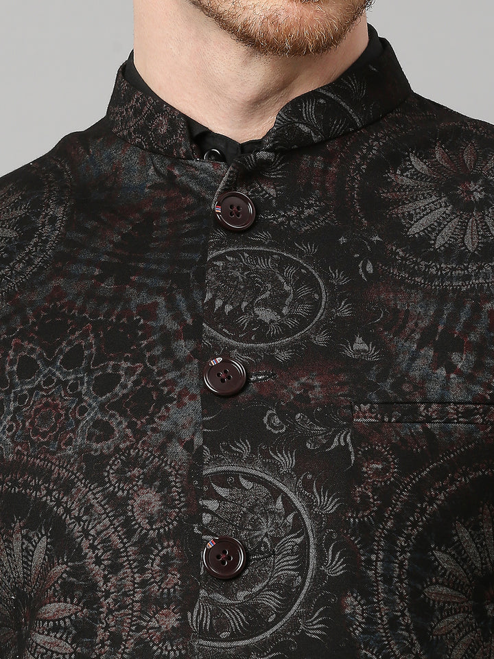 Knitted Motif Print Nehru Jacket