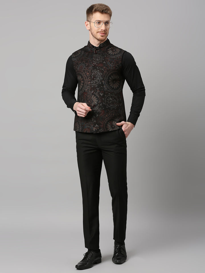 Knitted Motif Print Nehru Jacket