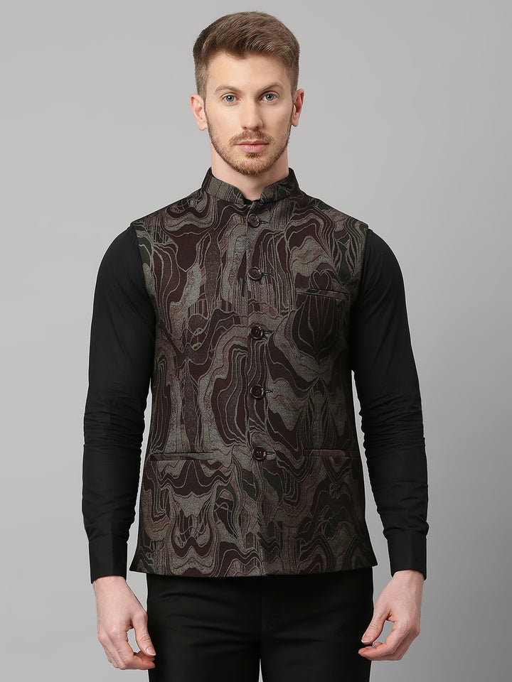 Knitted Maroon Gold Abstract Print Nehru Jacket