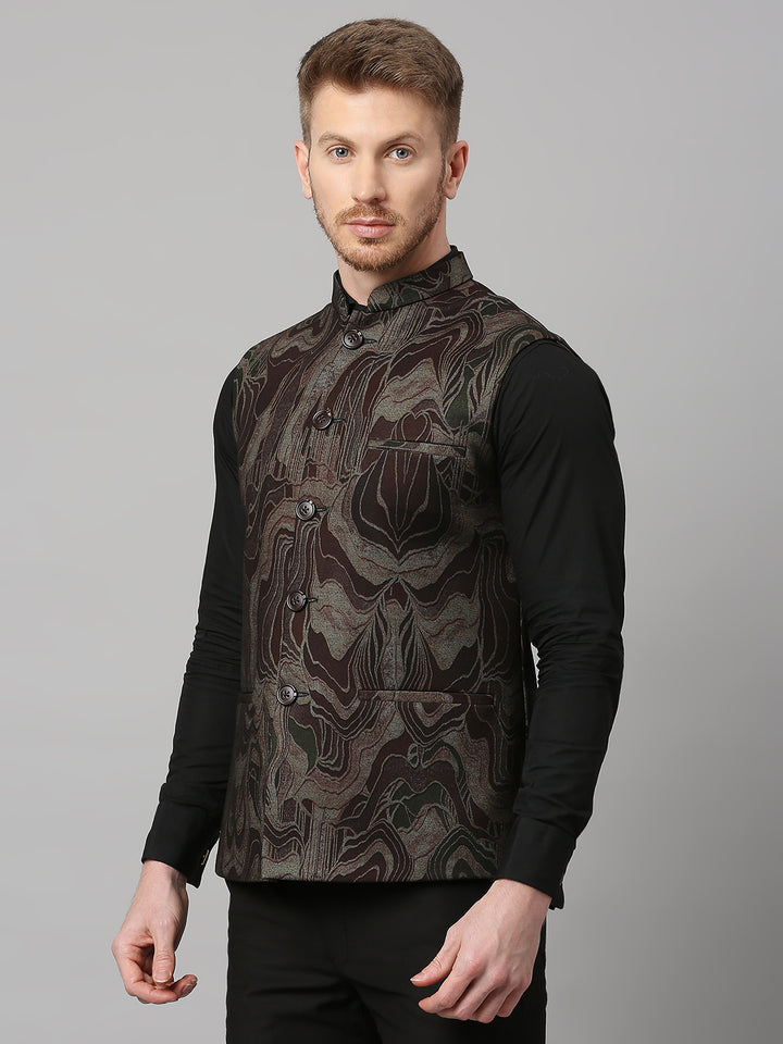Knitted Maroon Gold Abstract Print Nehru Jacket