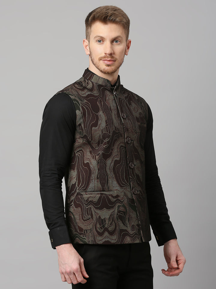 Knitted Maroon Gold Abstract Print Nehru Jacket