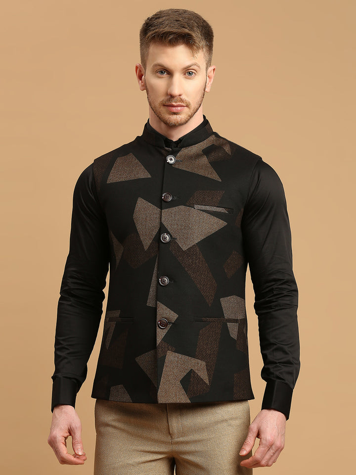 Knitted Nehru Jacket with Brown Geometric Print