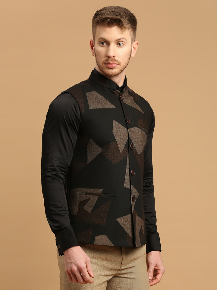 Knitted Nehru Jacket with Brown Geometric Print