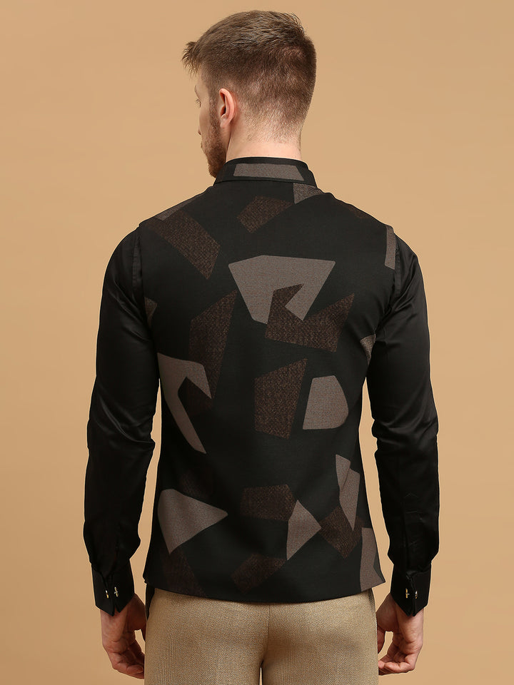 Knitted Nehru Jacket with Brown Geometric Print